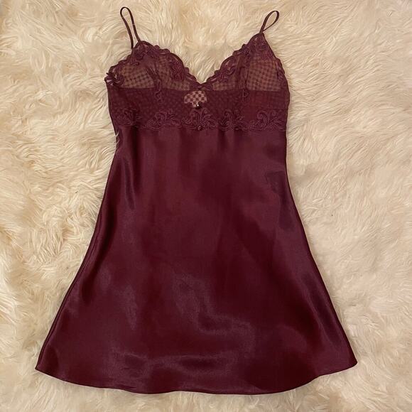 Eblin Lingerie S Satin Chemise | Burgundy Embroidered Lace Nightgown Slip Dress - Picture 1 of 9